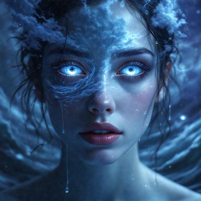 The primary subject of the image is a woman with blue eyes and a blue-green background. She appears to be a digital art or illustration, with a visual style that creates a surreal and dreamy atmosphere. The woman's eyes are described as "glowing," which adds to the overall mood of the image.